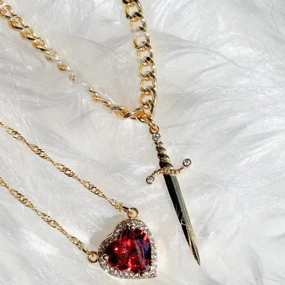 Heart & Sword Couple Necklace Set Valentine Gift